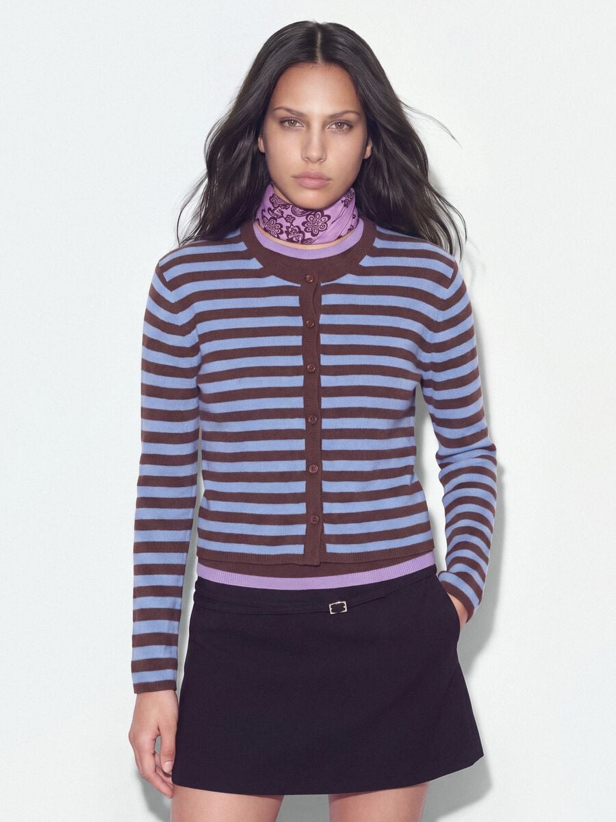 Light blue crew-neck striped cardigan in lyocell-wool blend, oversized fit_0
