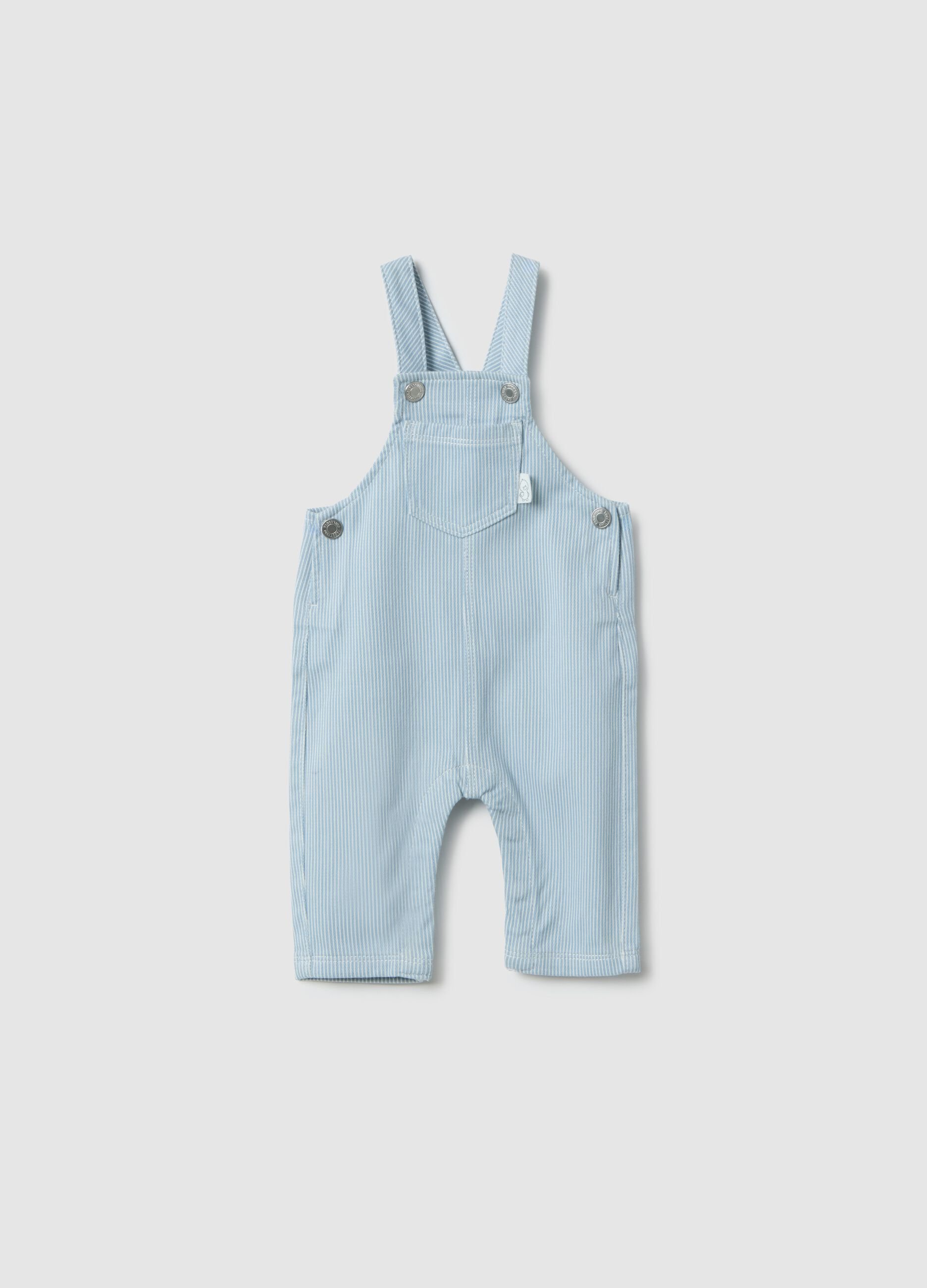Striped blue cotton blend dungarees for newborns with regular fit