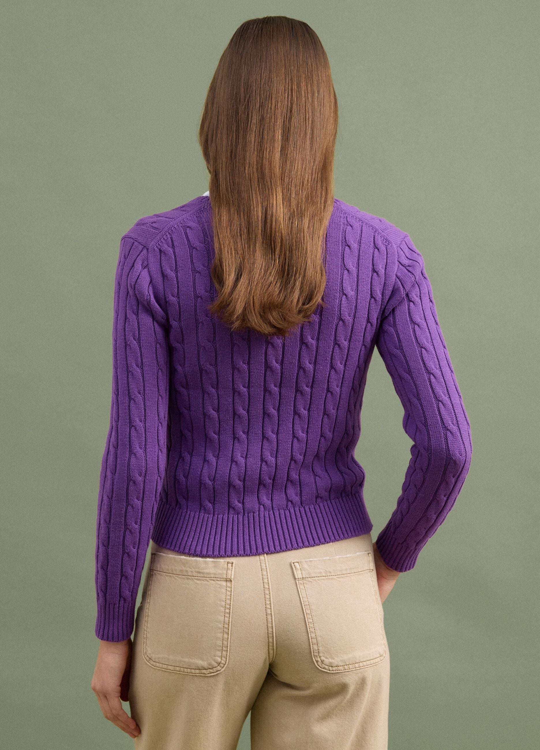 Purple pure cotton cable-knit jumper with deep V-neck