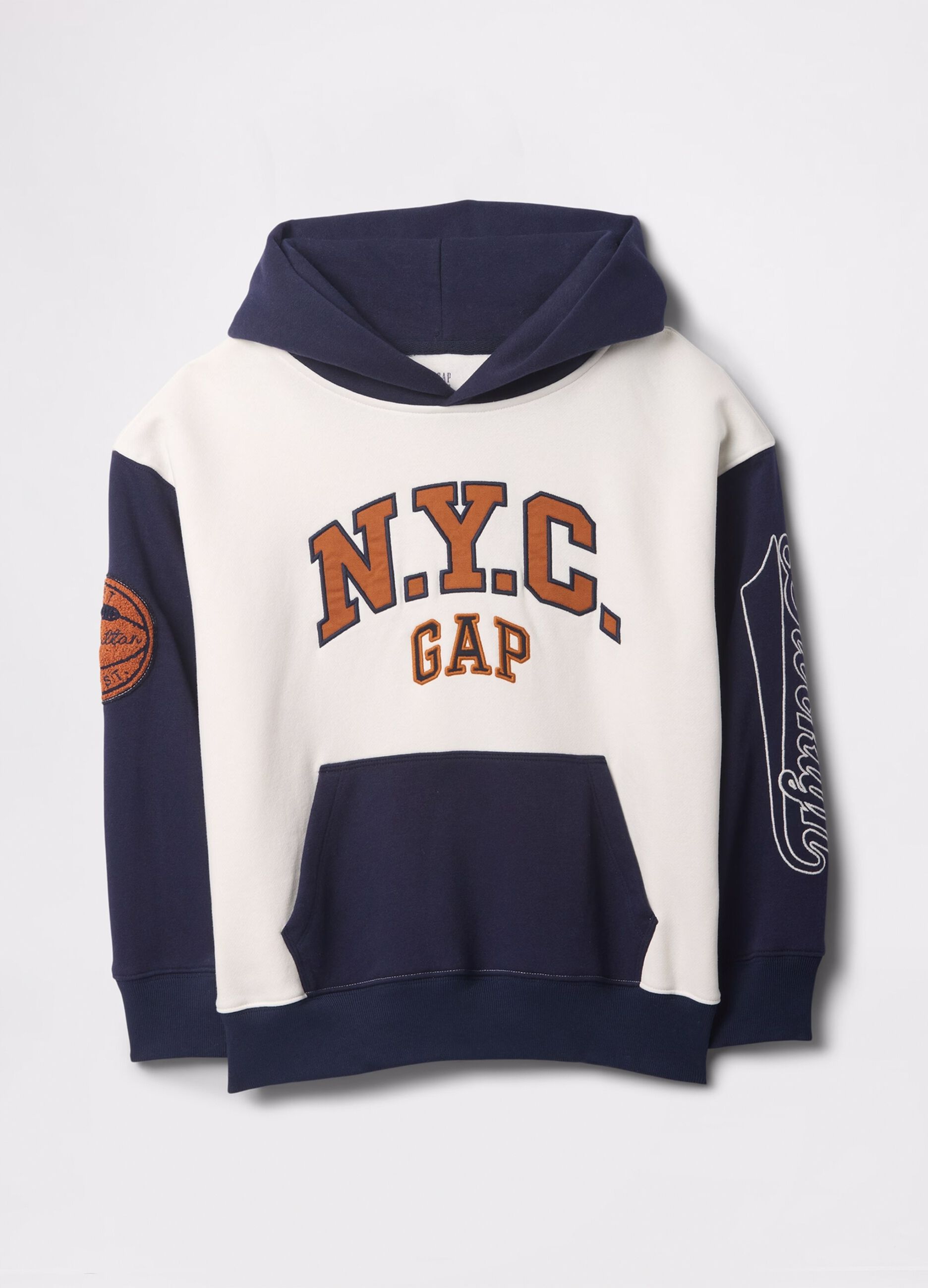 Blue and white sweatshirt with hood and patch