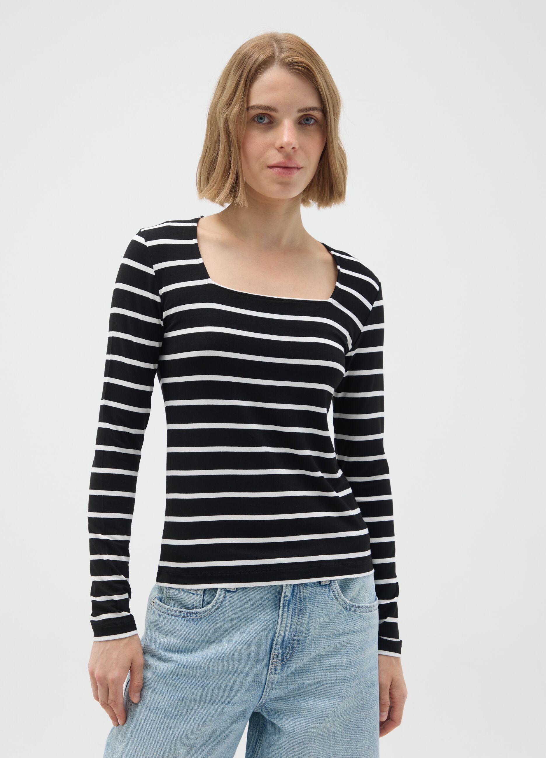 Black and white striped crew neck jumper