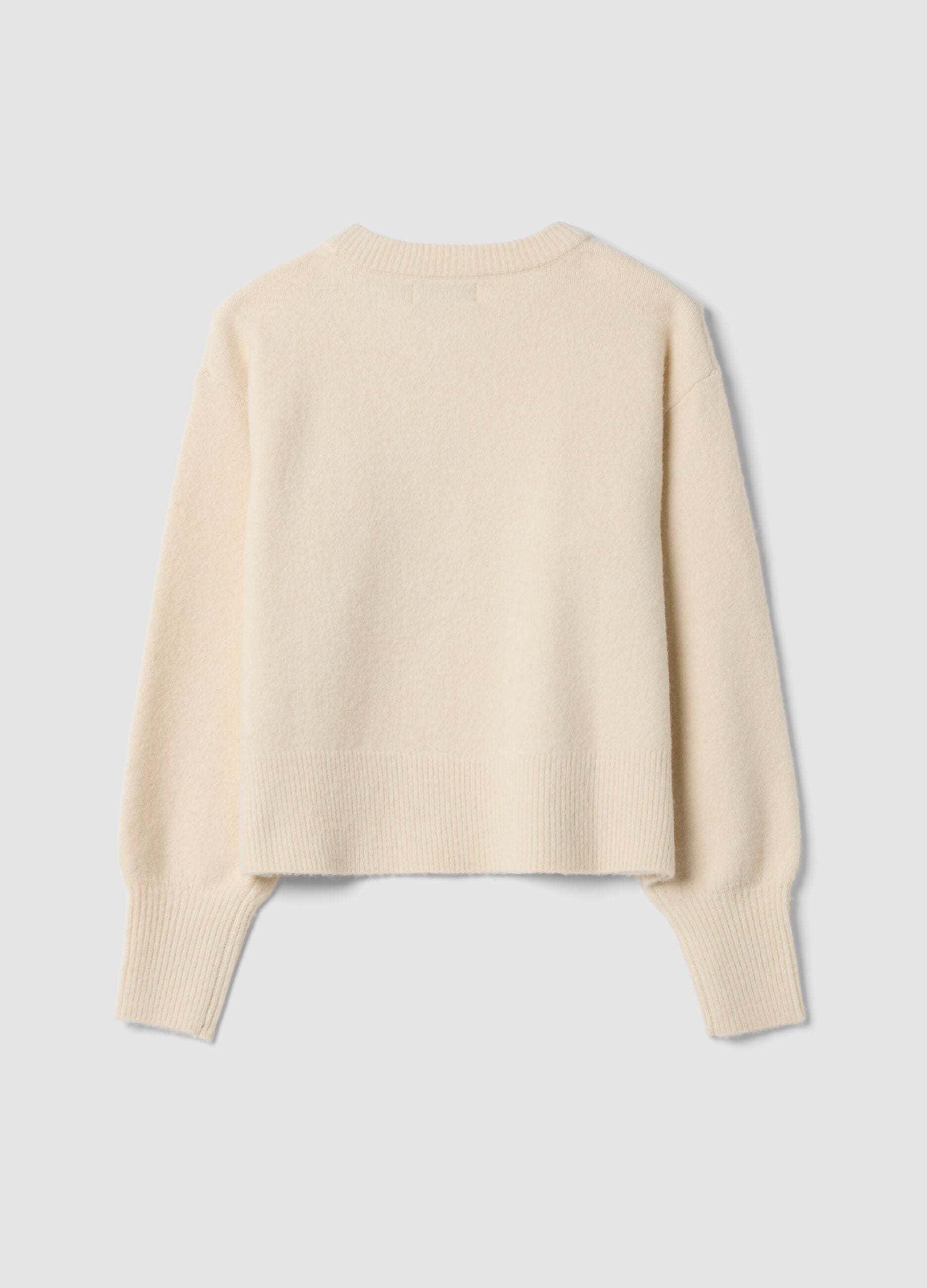 Ecru stretch-wool crew-neck jumper with argyle pattern, oversized fit