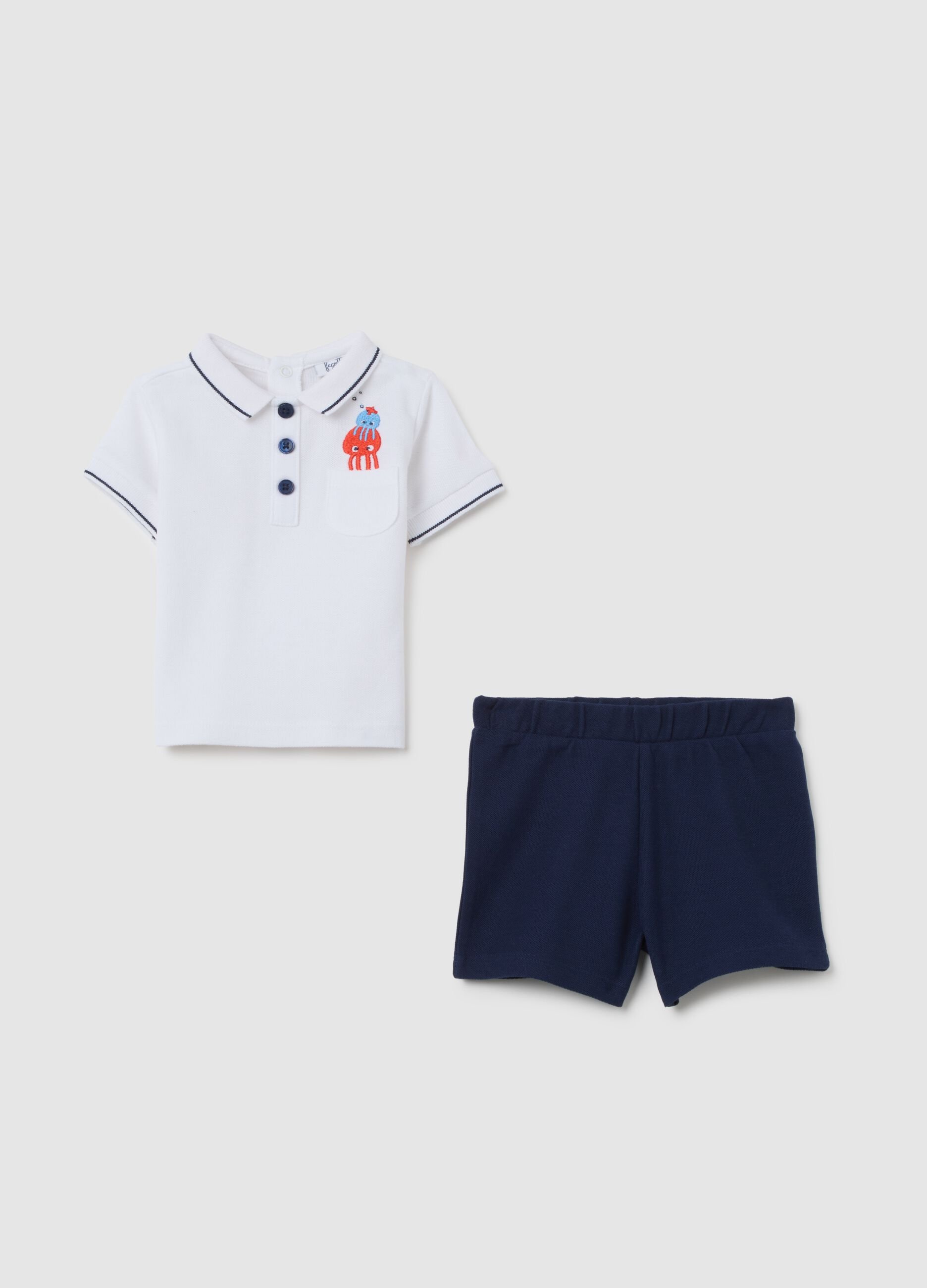 Children's Summer Set in Pure White and Blue Cotton Regular Fit with Embroidery