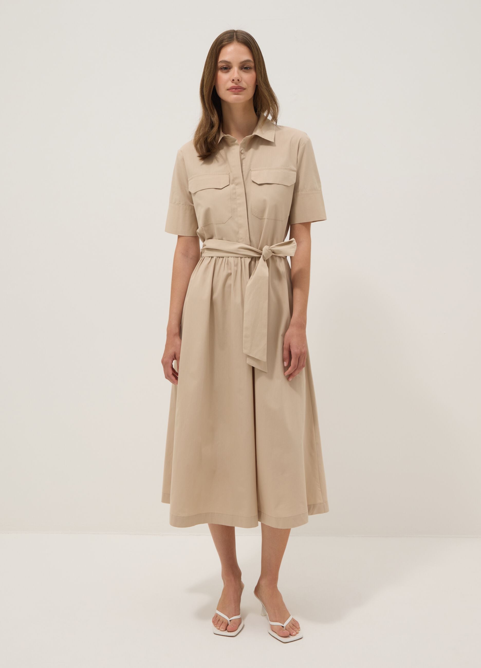 Beige pure cotton shirt dress with belt, regular fit