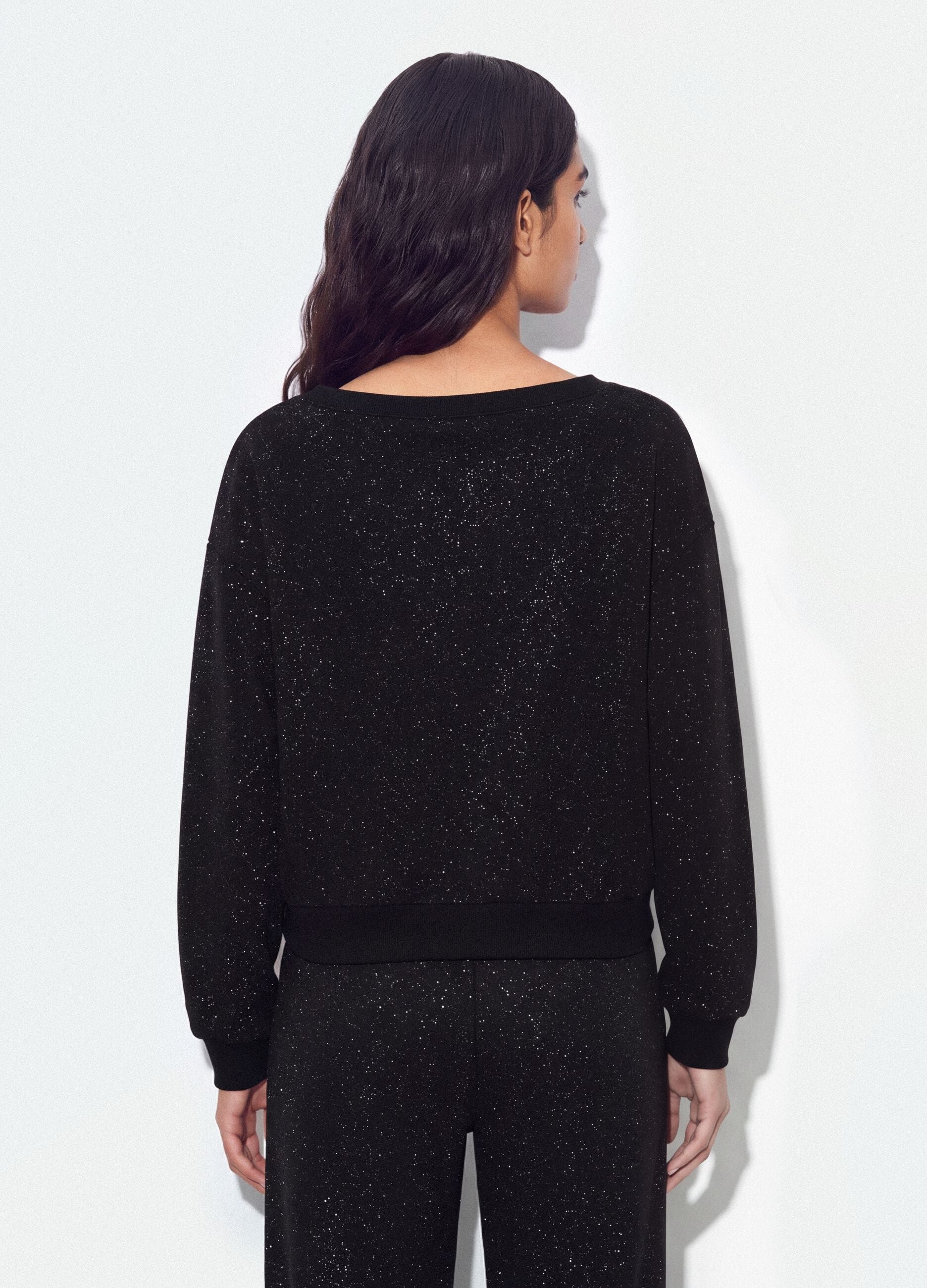 Black cotton-blend sweatshirt with bateau neckline and glitter