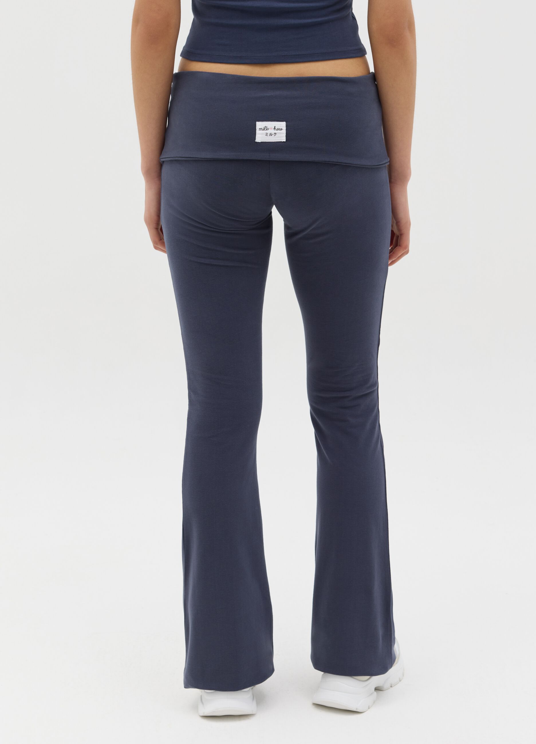 Blue flare-fit leggings with striped fold at the waist