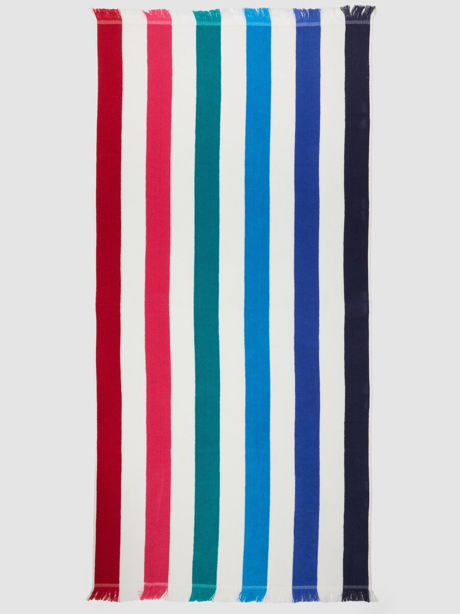 Telo mare multicolor in puro cotone a righe e con frange_2