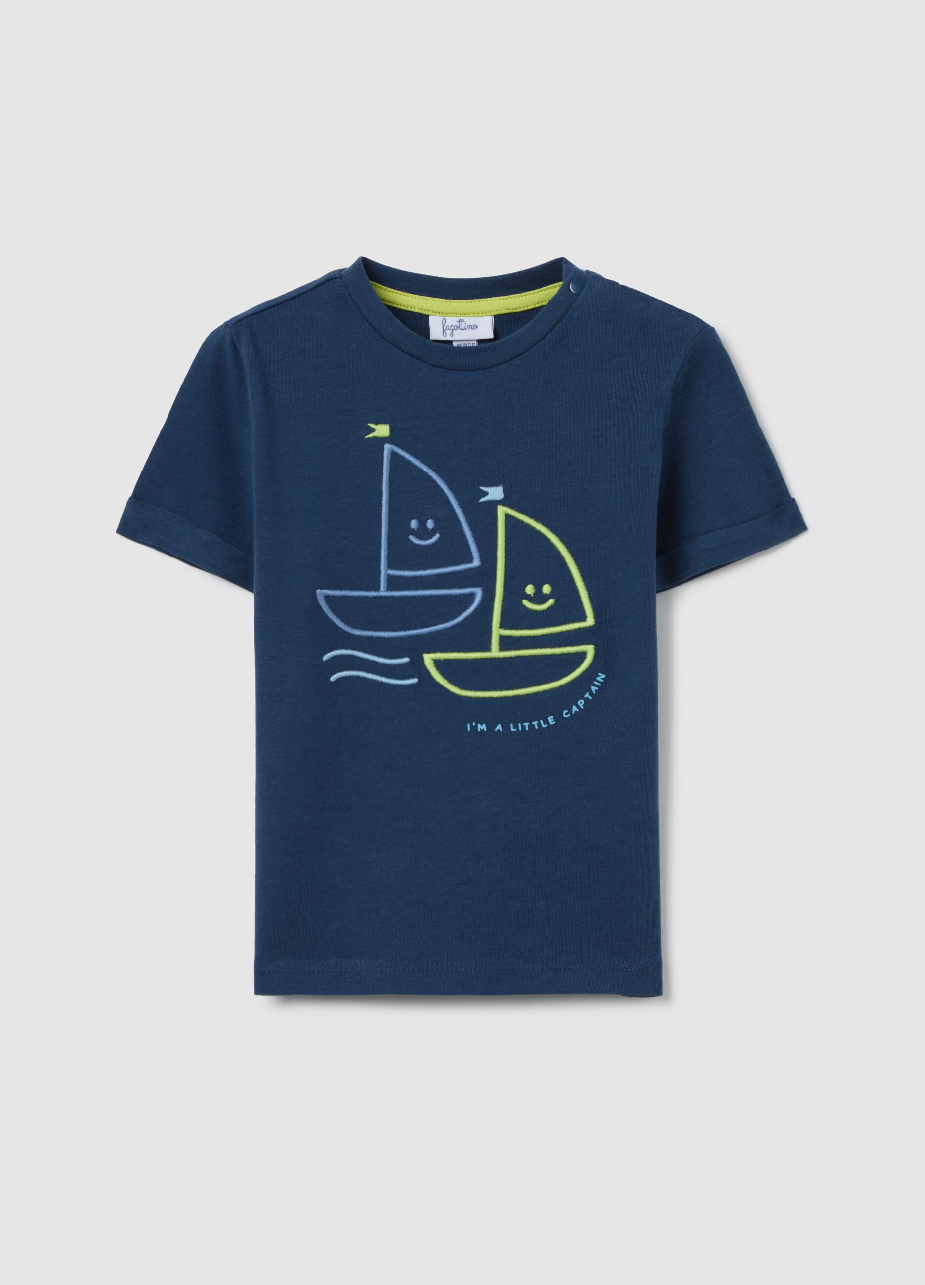 Blue cotton T-shirt with sail boats embroidery