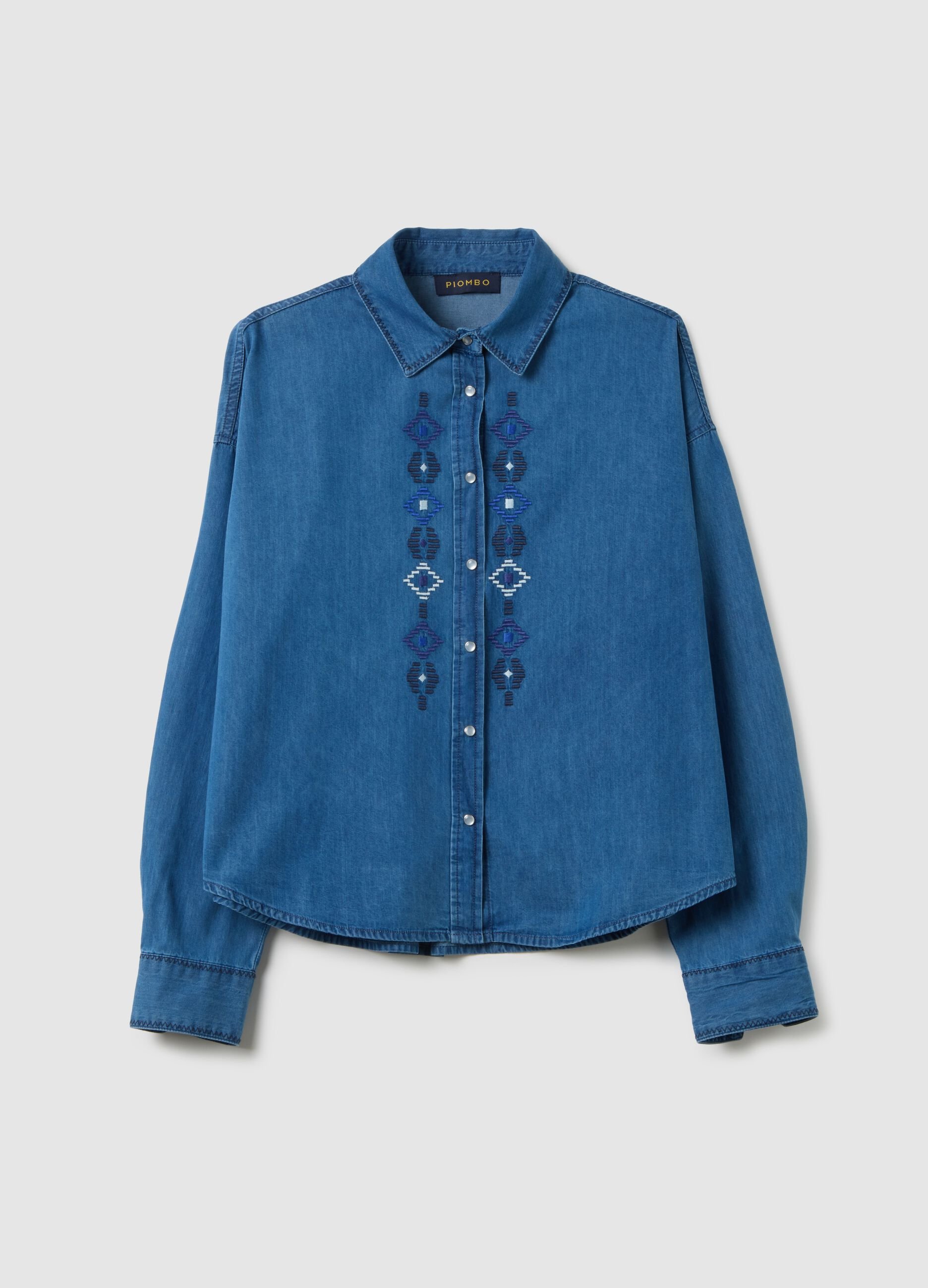 Blue cotton shirt with geometric embroidery