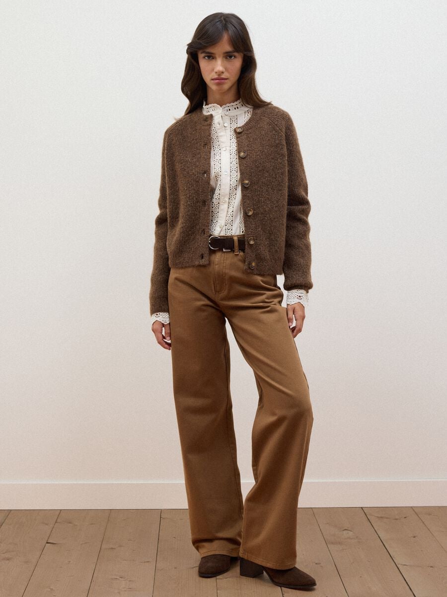 Brown stretchy wool and alpaca crew-neck cardigan_1