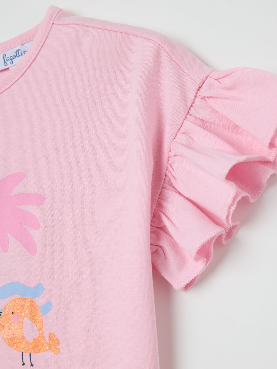 Pink cotton T-shirt with frills and print_2