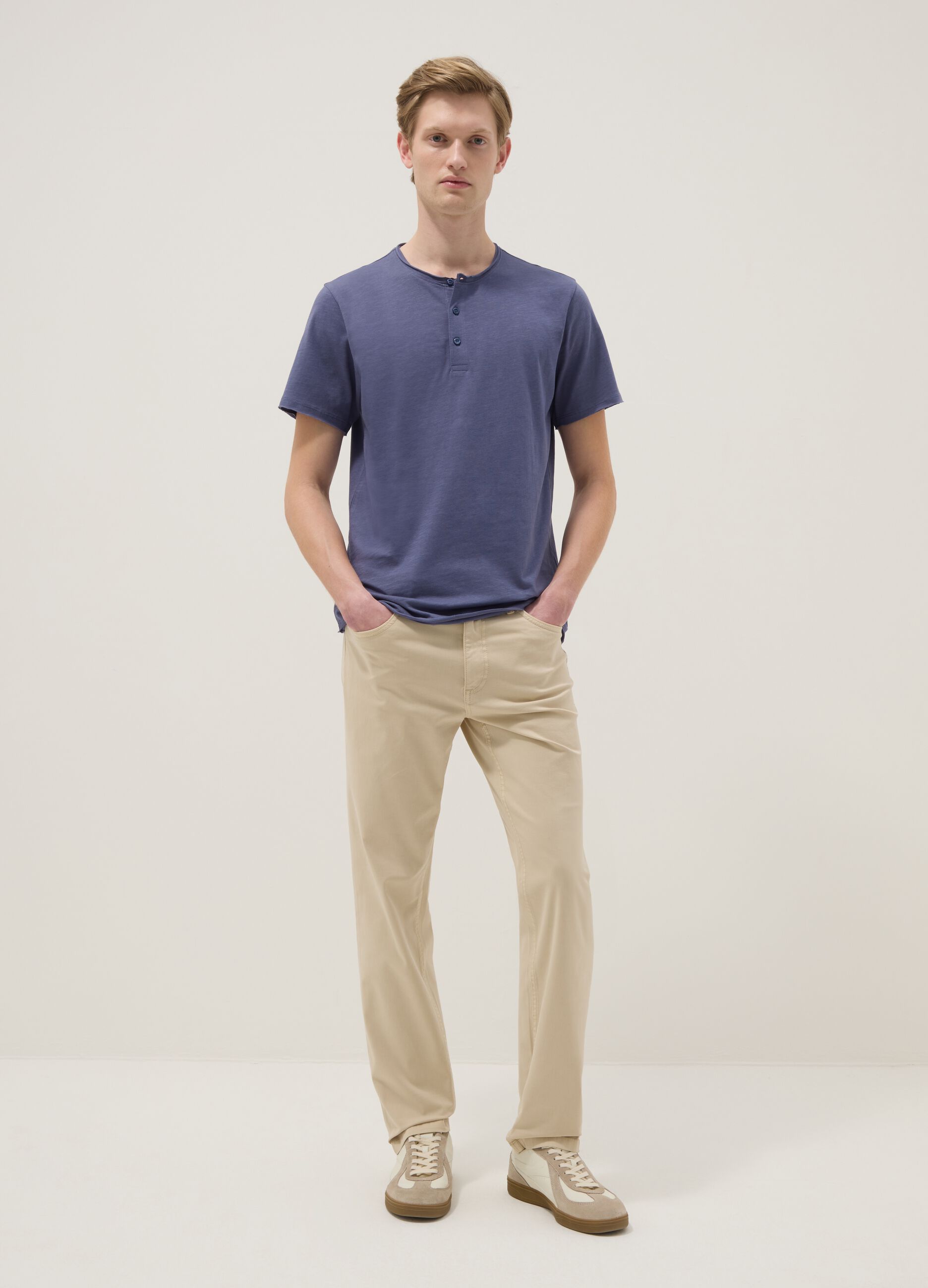 Blue pure cotton T-shirt with seraph collar regular fit