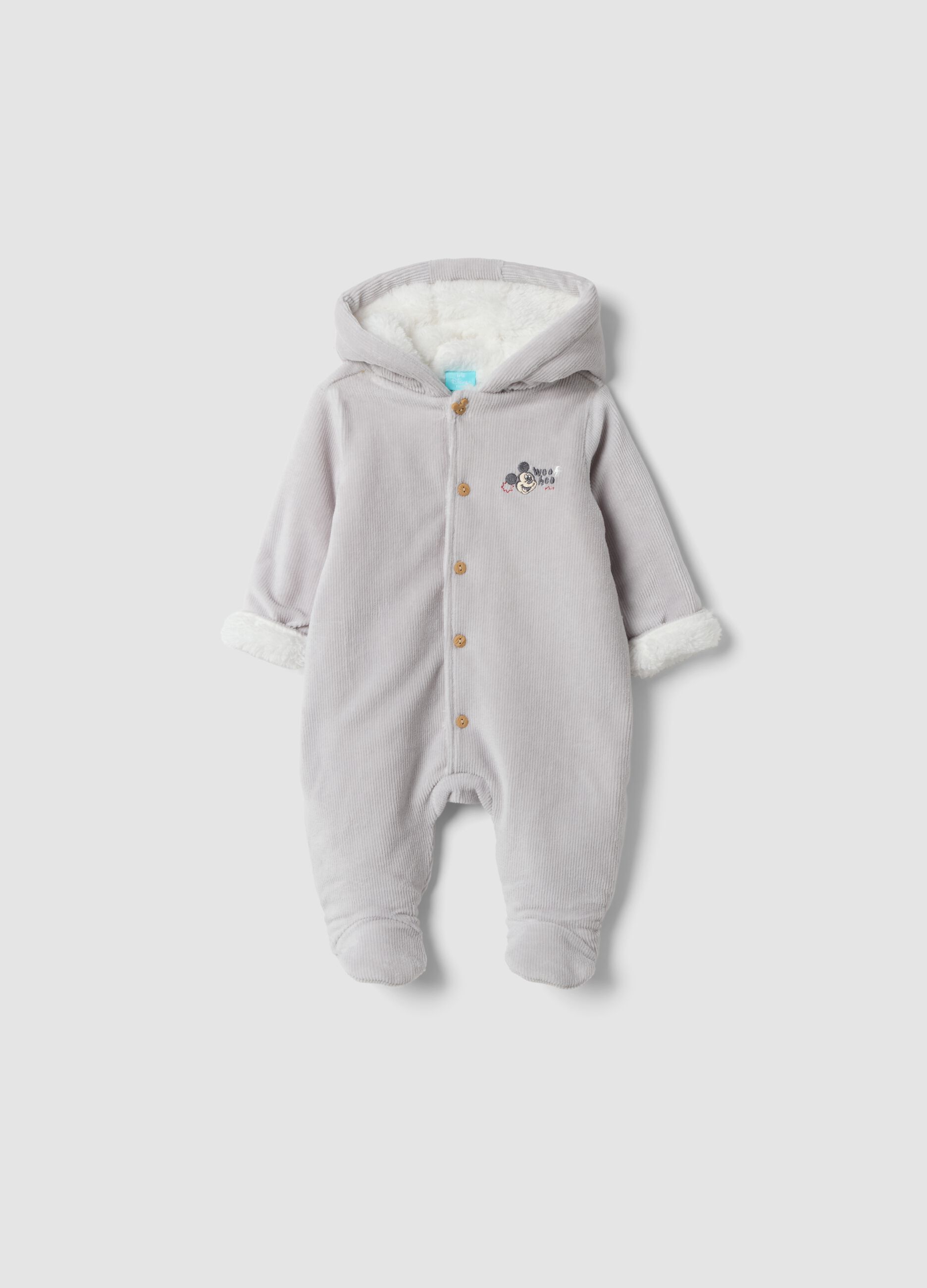 Tutina grigia con cappuccio in cotone organico elasticizzato con stampa Mickey