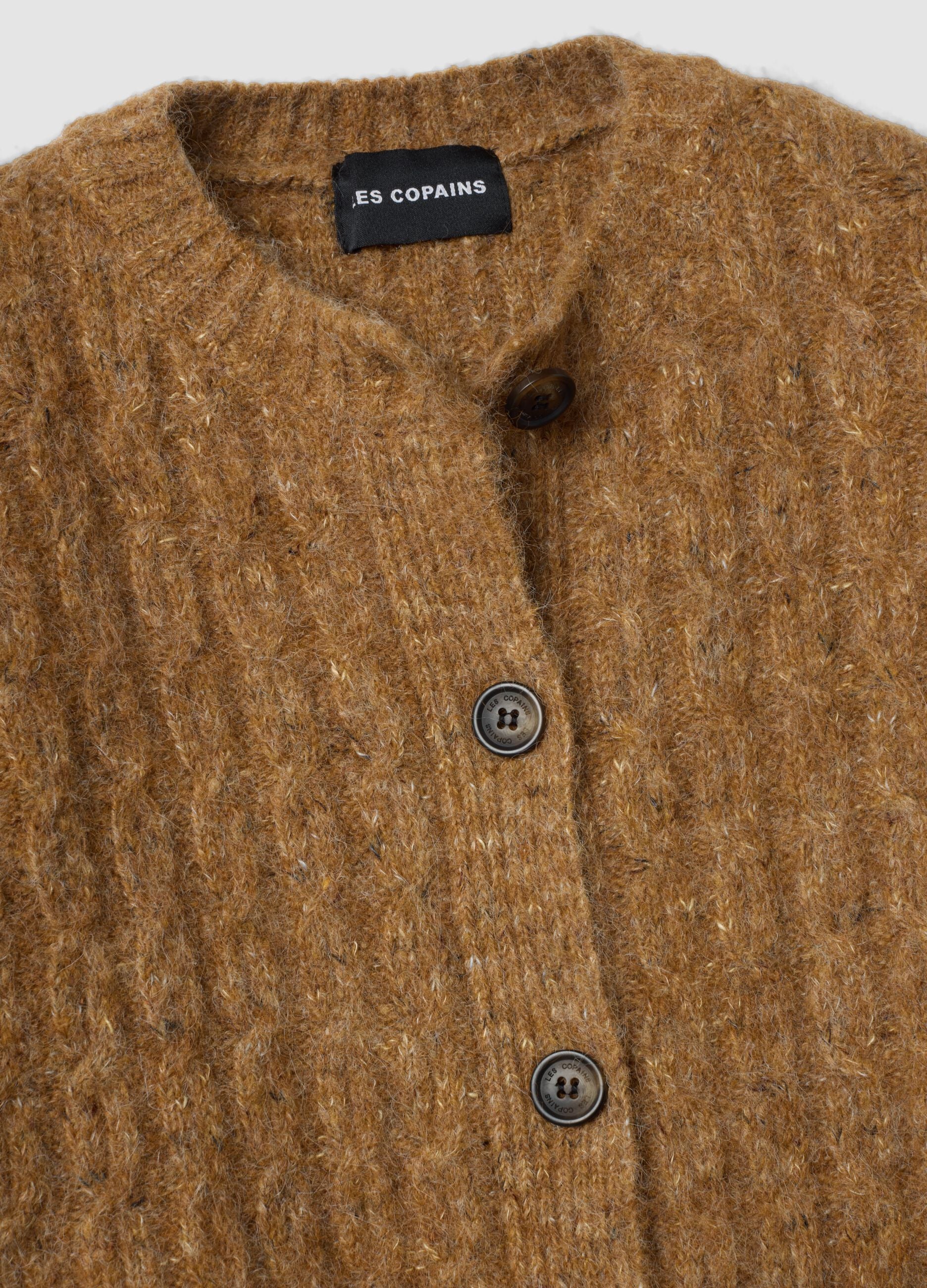 Brown crew-neck stretch wool cardigan, regular fit