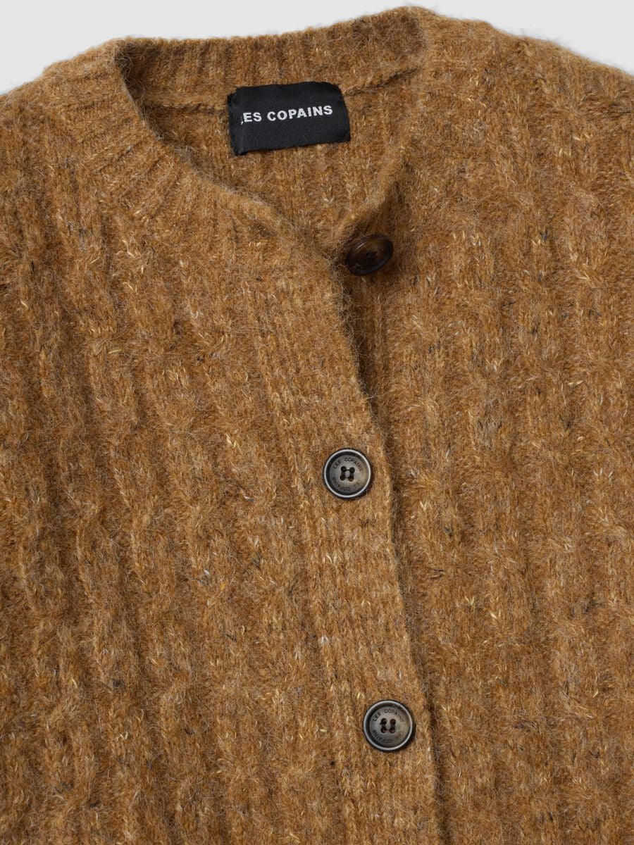 Brown crew-neck stretch wool cardigan, regular fit_1