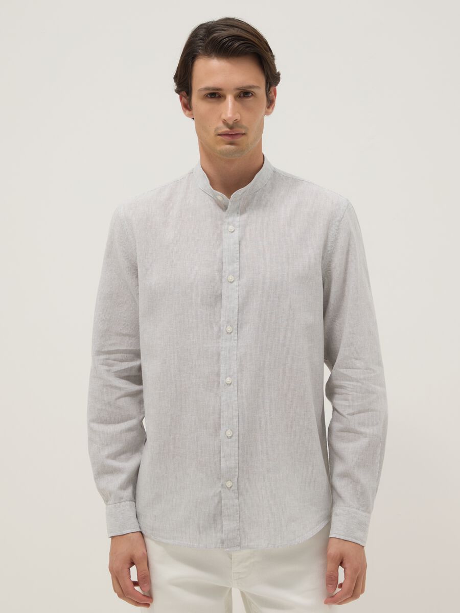 Multicolour striped shirt with mandarin collar in linen-cotton blend regular fit_0