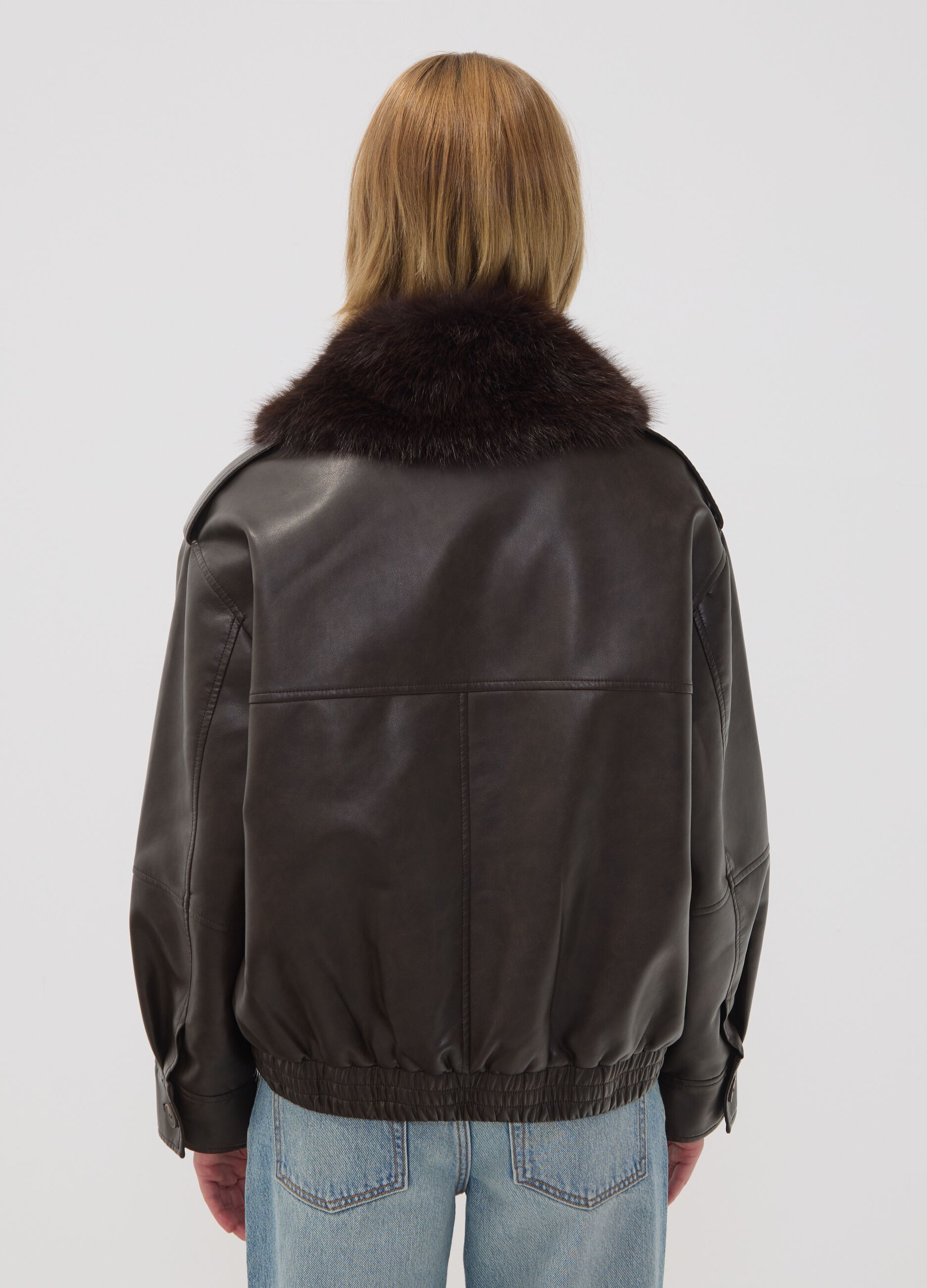Brown viscose-blend parka with contrasting collar