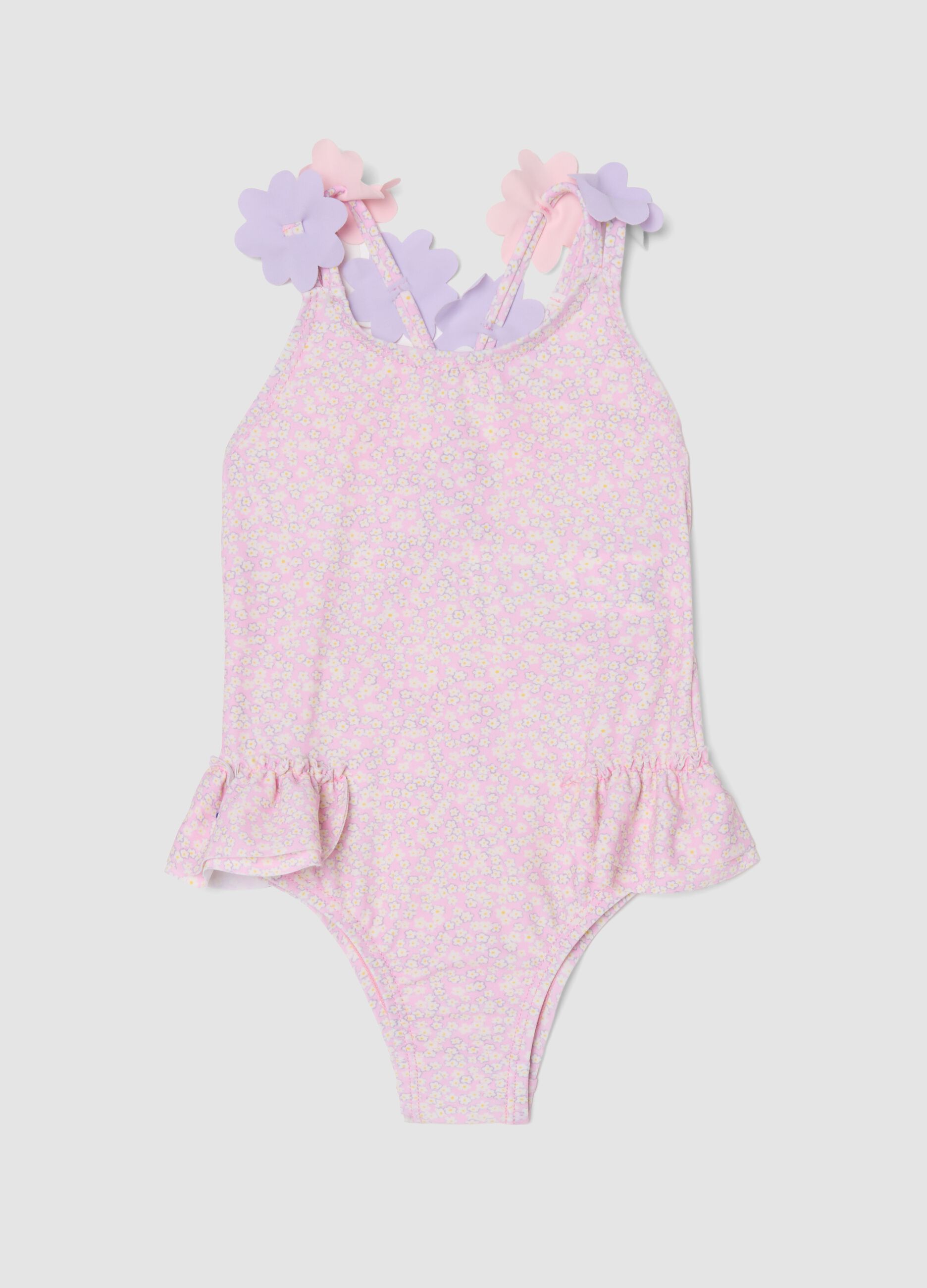 Pink stretch swimsuit with appliqu&eacute; flowers