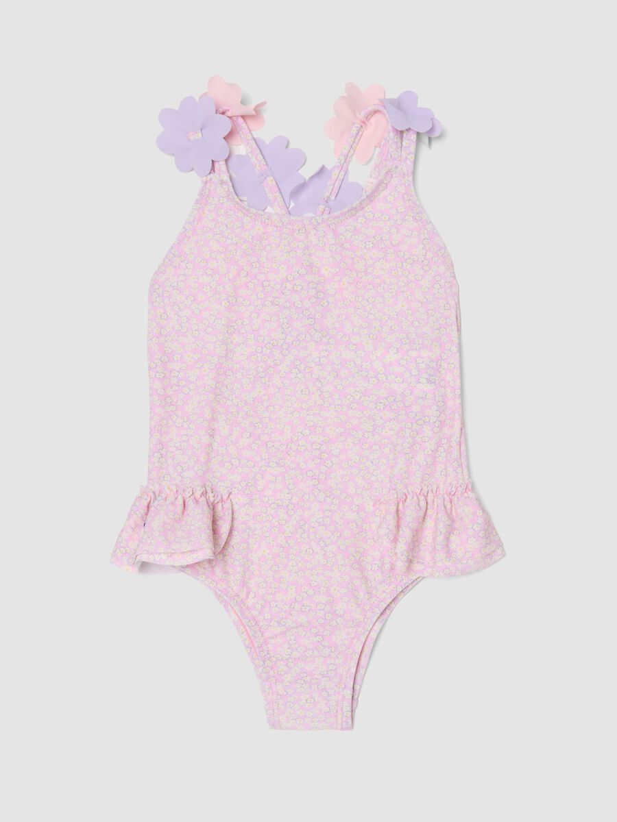 Pink stretch swimsuit with appliqu&eacute; flowers_0