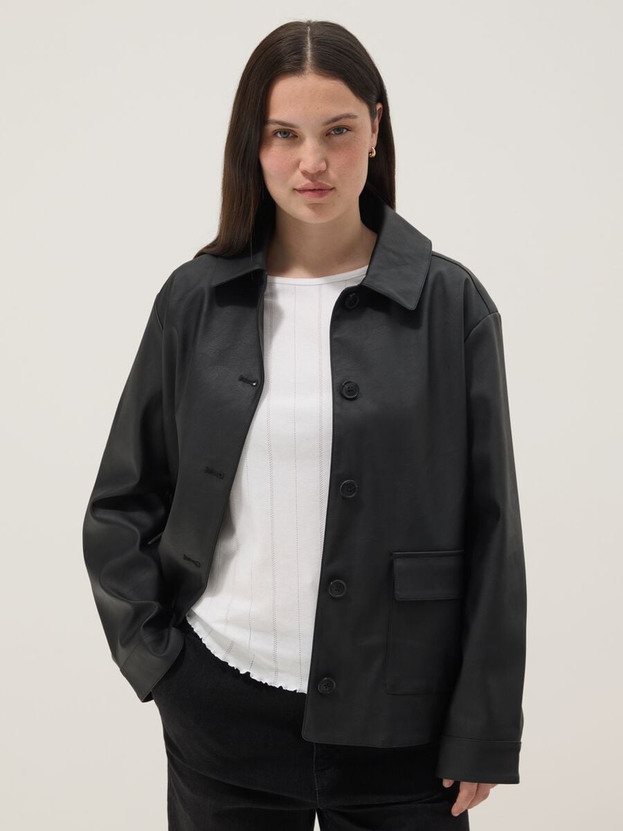 Black regular fit jacket with buttons and patch pockets_0