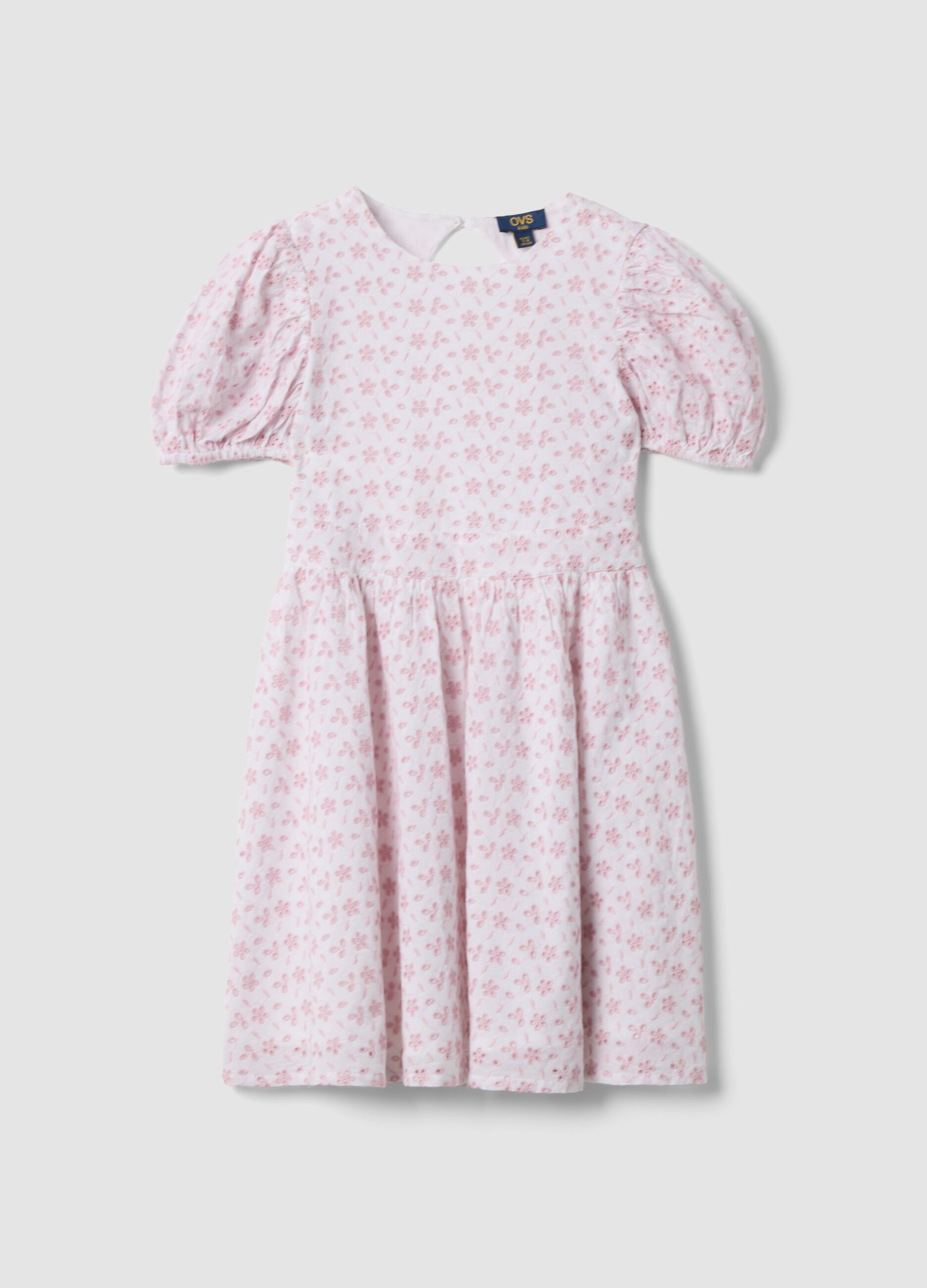 Pink pure cotton dress with Broderie Anglaise embroidery