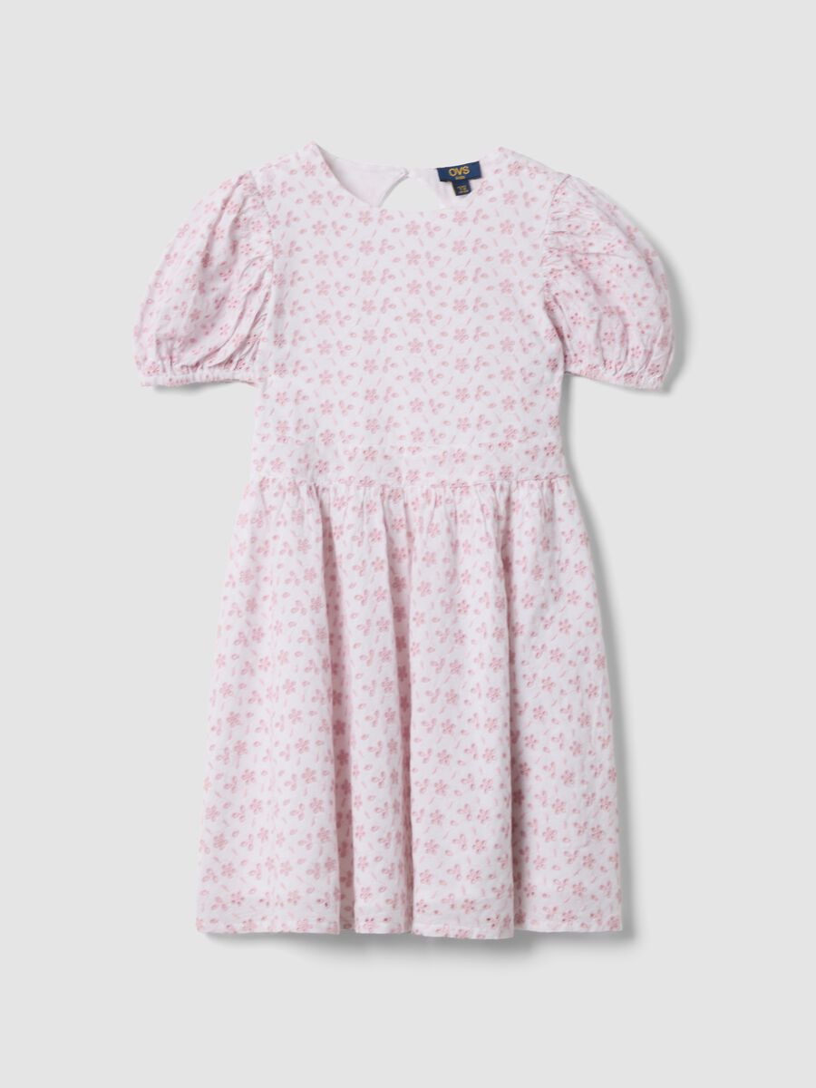 Pink pure cotton dress with Broderie Anglaise embroidery_0