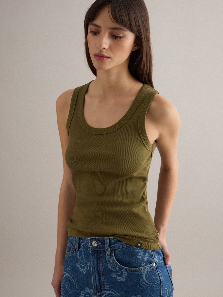 Green stretch cotton regular fit tank top_0