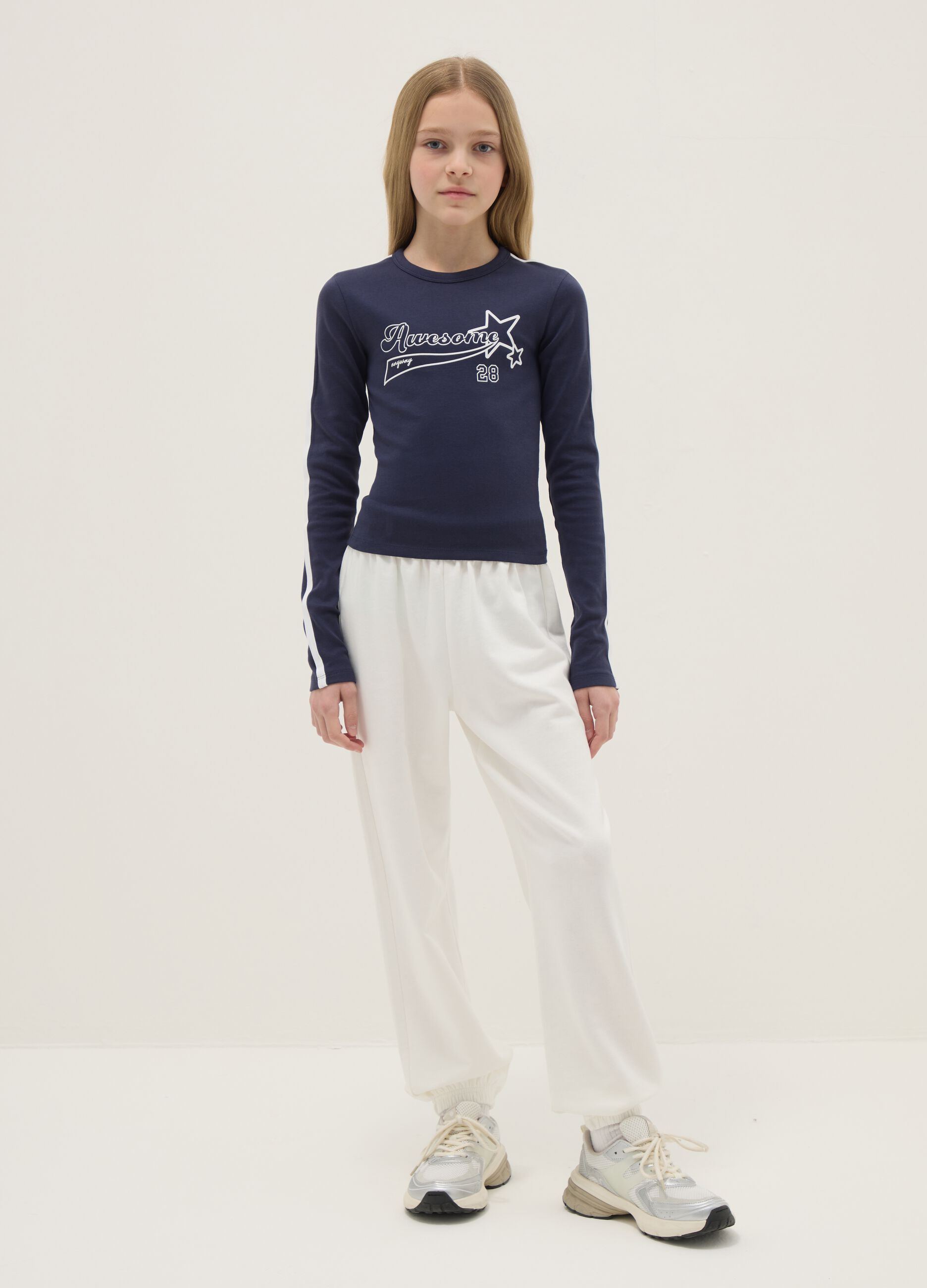 Girls' White Pure Cotton Jogger Trousers Regular Fit