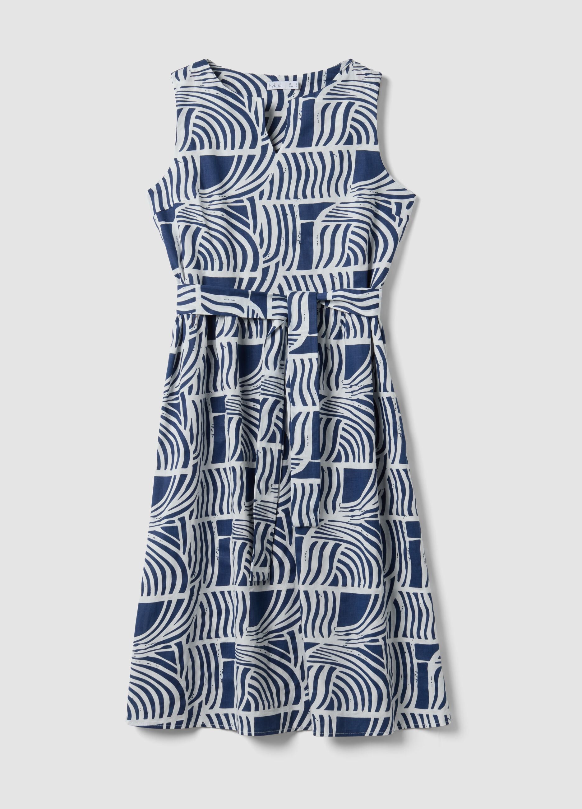 Abito blu in puro cotone con fantasia e cintura abbinata regular fit