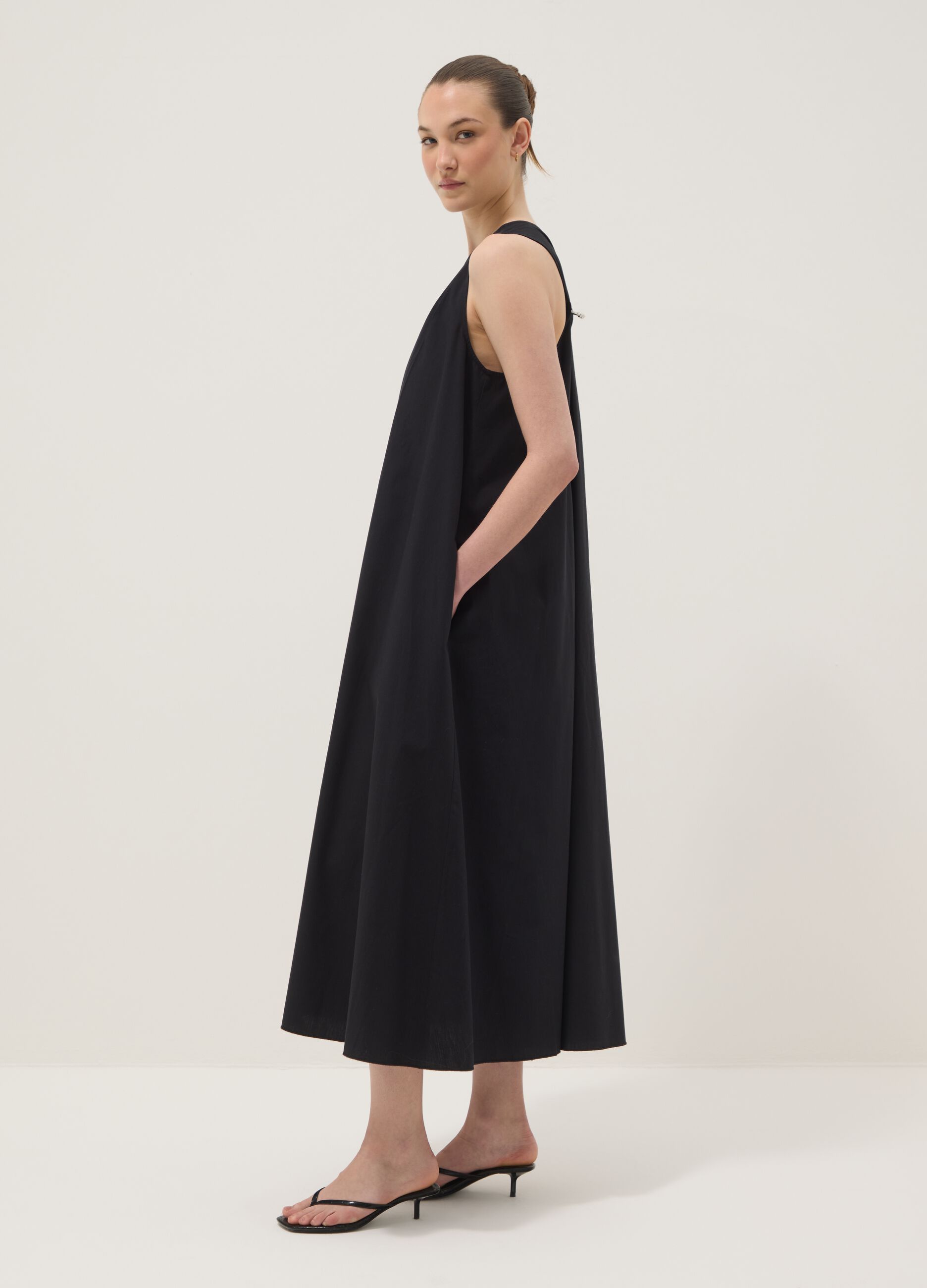Black maxi dress in pure cotton with V-neck