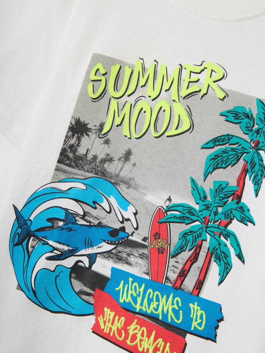 White pure cotton T-shirt with tropical print_3