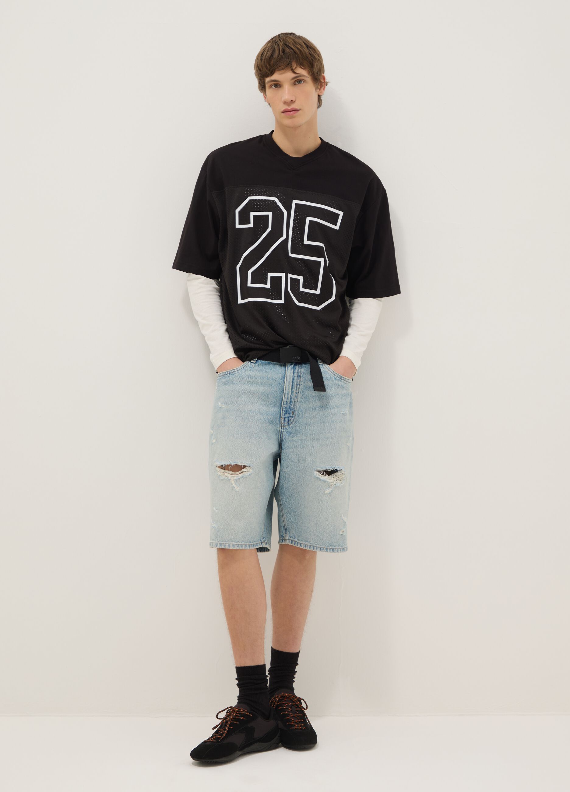 Blue denim skater fit pure cotton shorts with rips