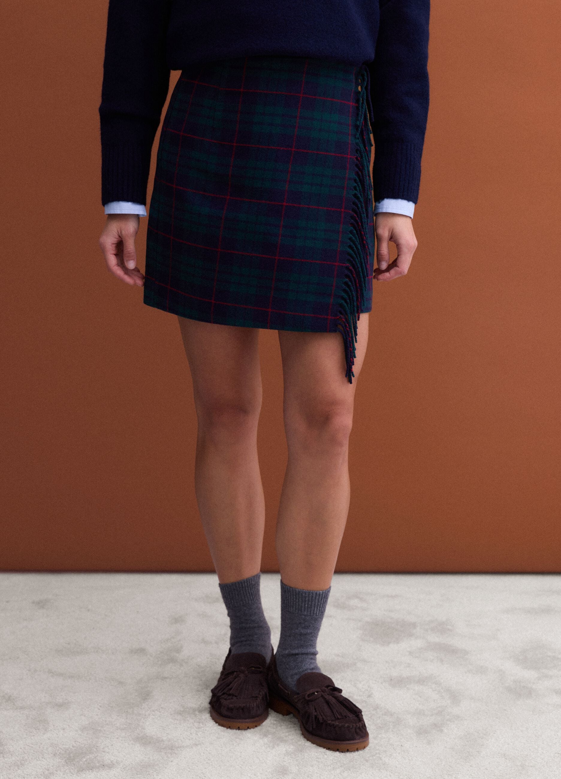Green and blue checked wool and viscose-blend skirt