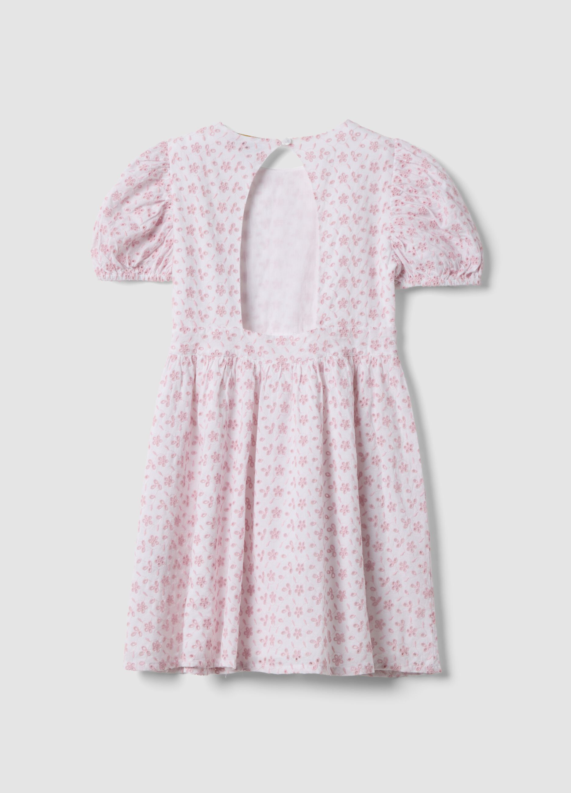 Pink pure cotton dress with Broderie Anglaise embroidery