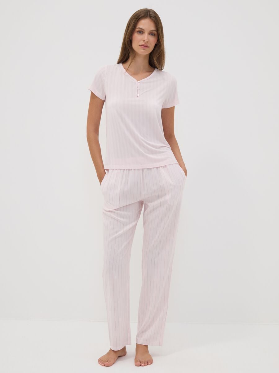 Pink stretch viscose pyjama T-shirt with V-neck_1