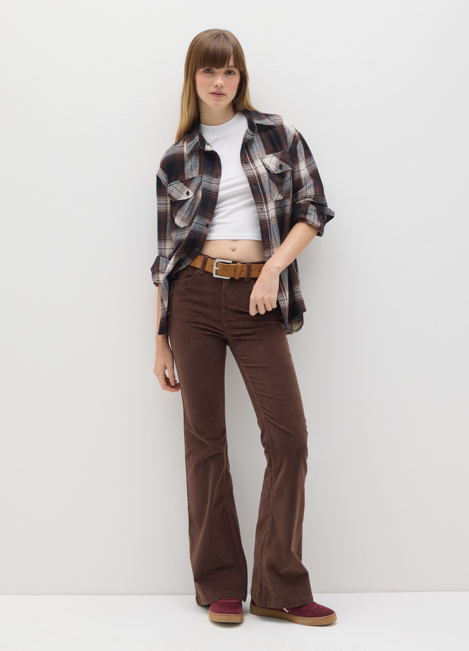 Brown Flare Trousers in Stretch Velvet