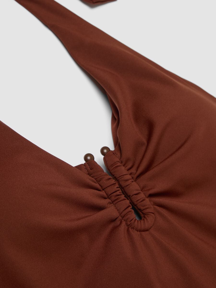 Costume intero marrone in tessuto elasticizzato con lacci al collo_5