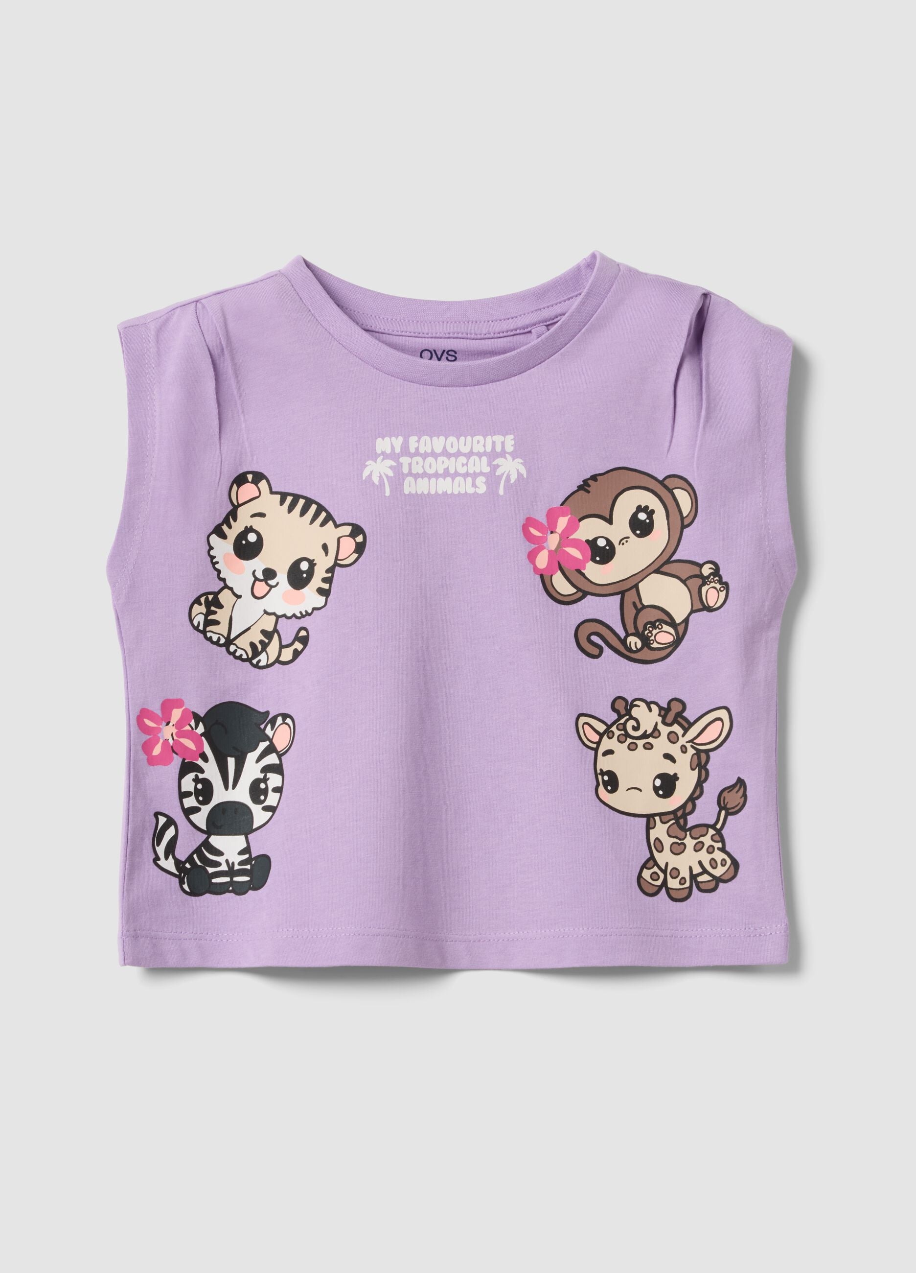 Purple pure cotton tank top with tropical print