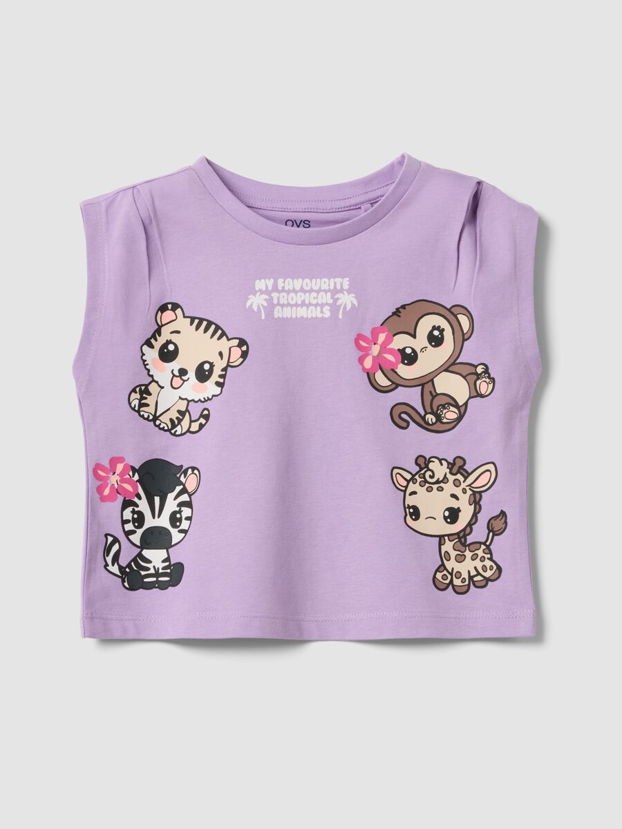Purple pure cotton tank top with tropical print_0