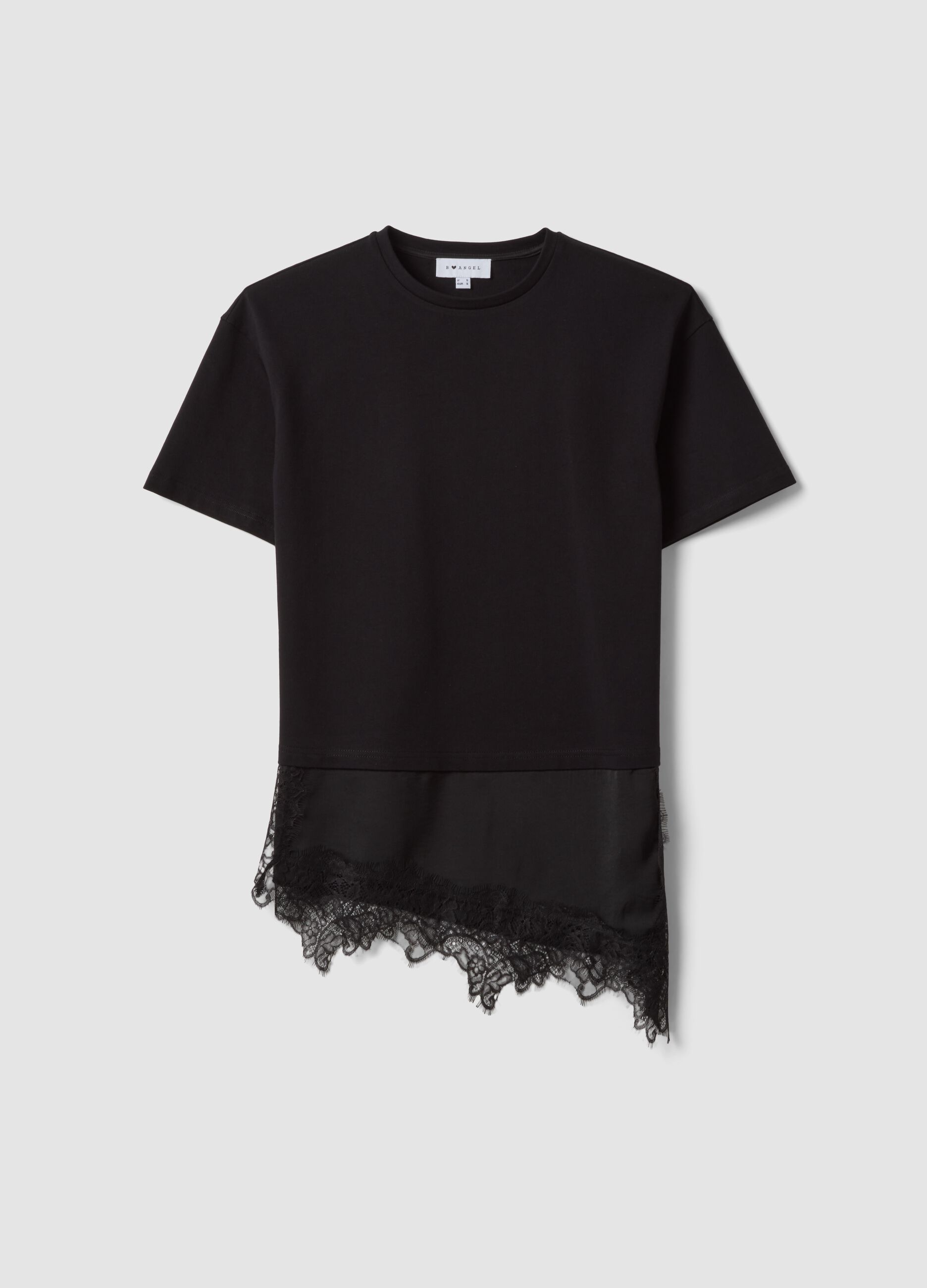 T-shirt nera in puro cotone con inserto in pizzo relaxed fit