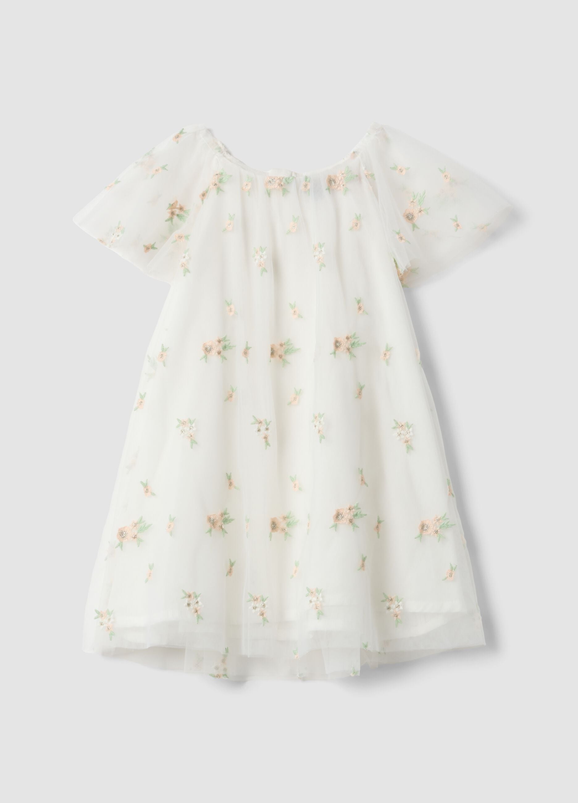 White girls&rsquo; dress with floral embroidery, regular fit