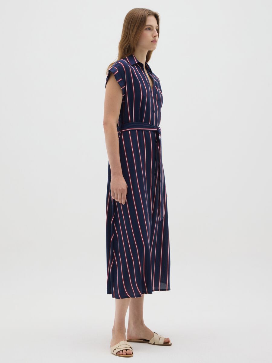 Long Blue and Red Striped Shirt Dress_1