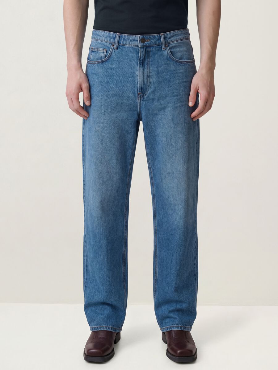 Blue wide-leg pure cotton jeans_1