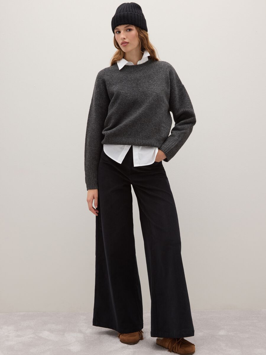Black wide leg trousers in stretch cotton regular fit_0