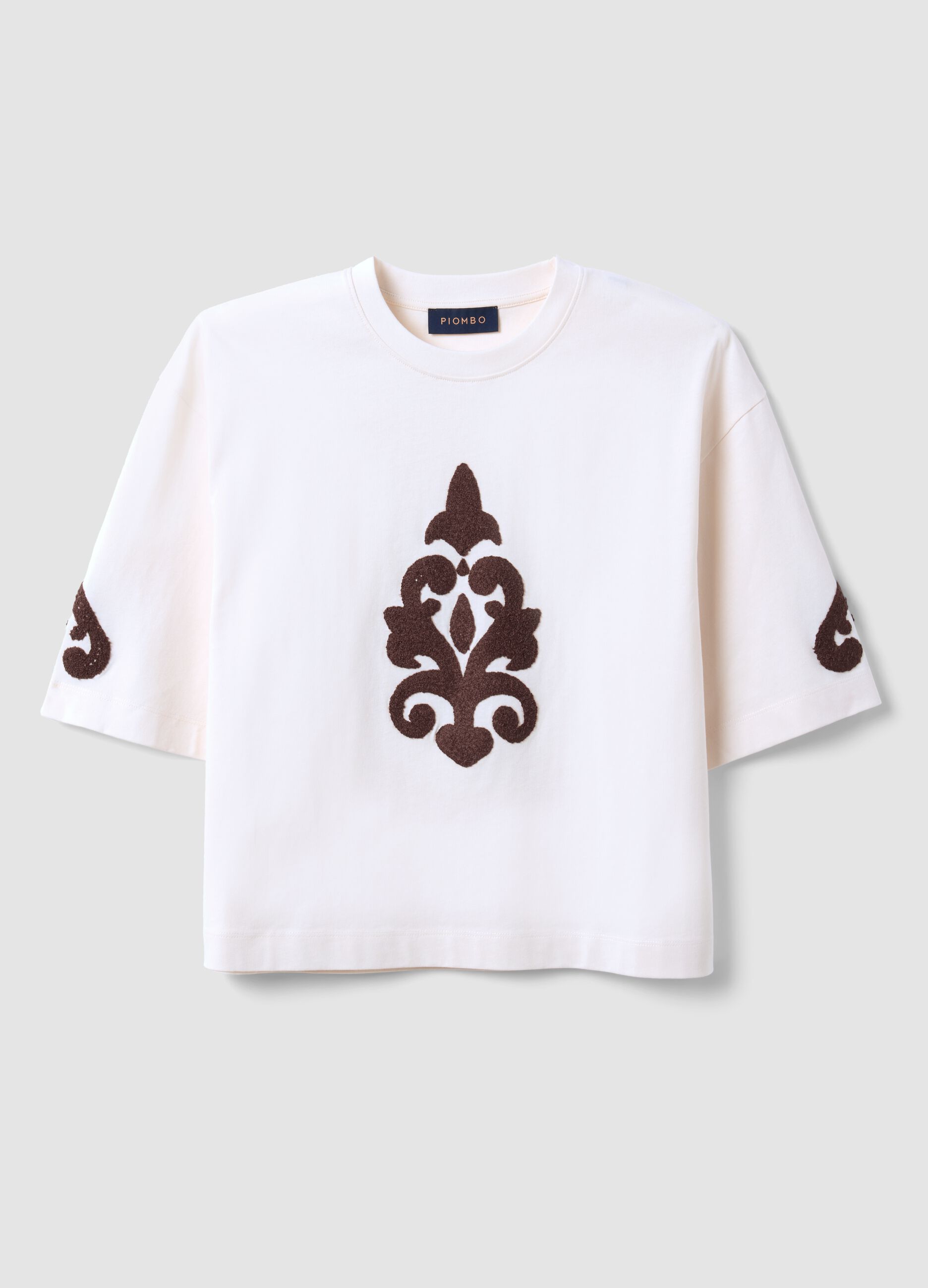 T-shirt beige in puro cotone con ricami regular fit