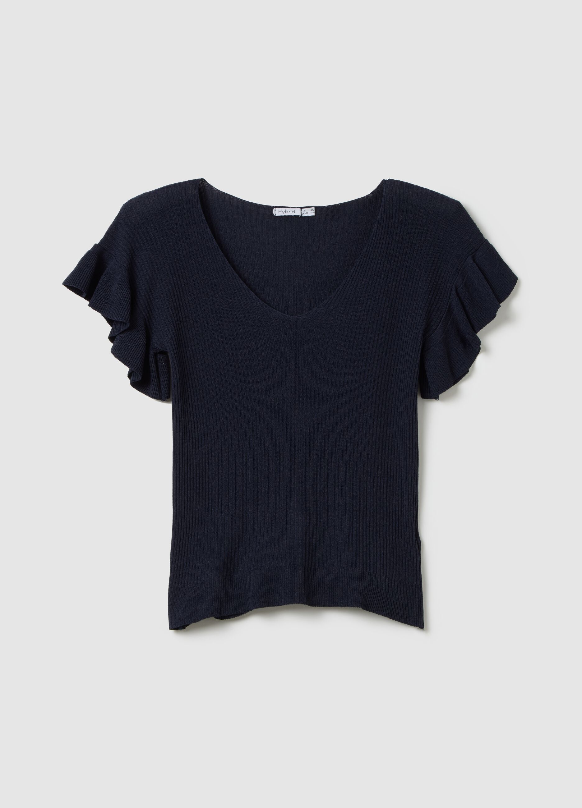 Women's blue viscose T-shirt, regular fit with frills