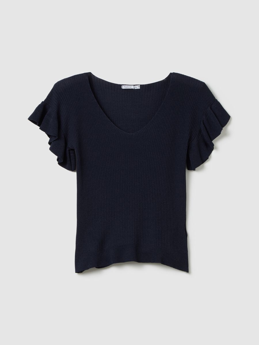 Women's blue viscose T-shirt, regular fit with frills_0