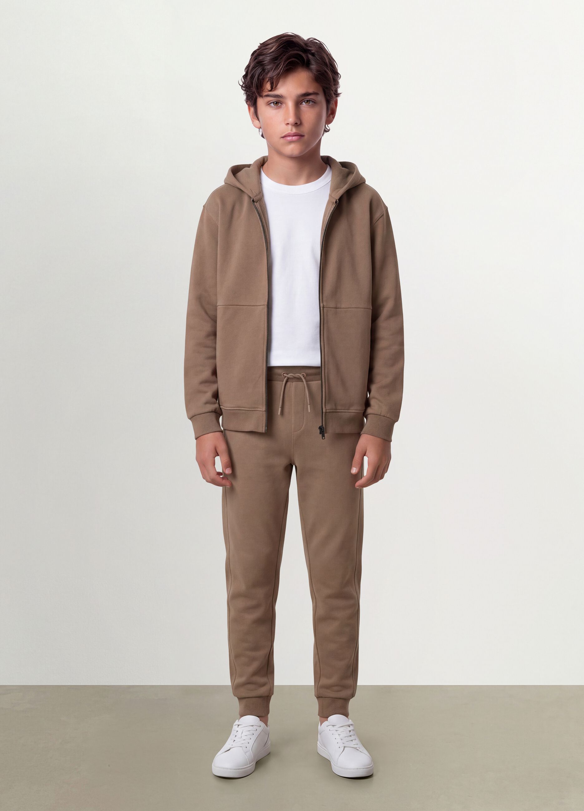 Beige organic cotton zip-up hoodie for boys, relaxed fit