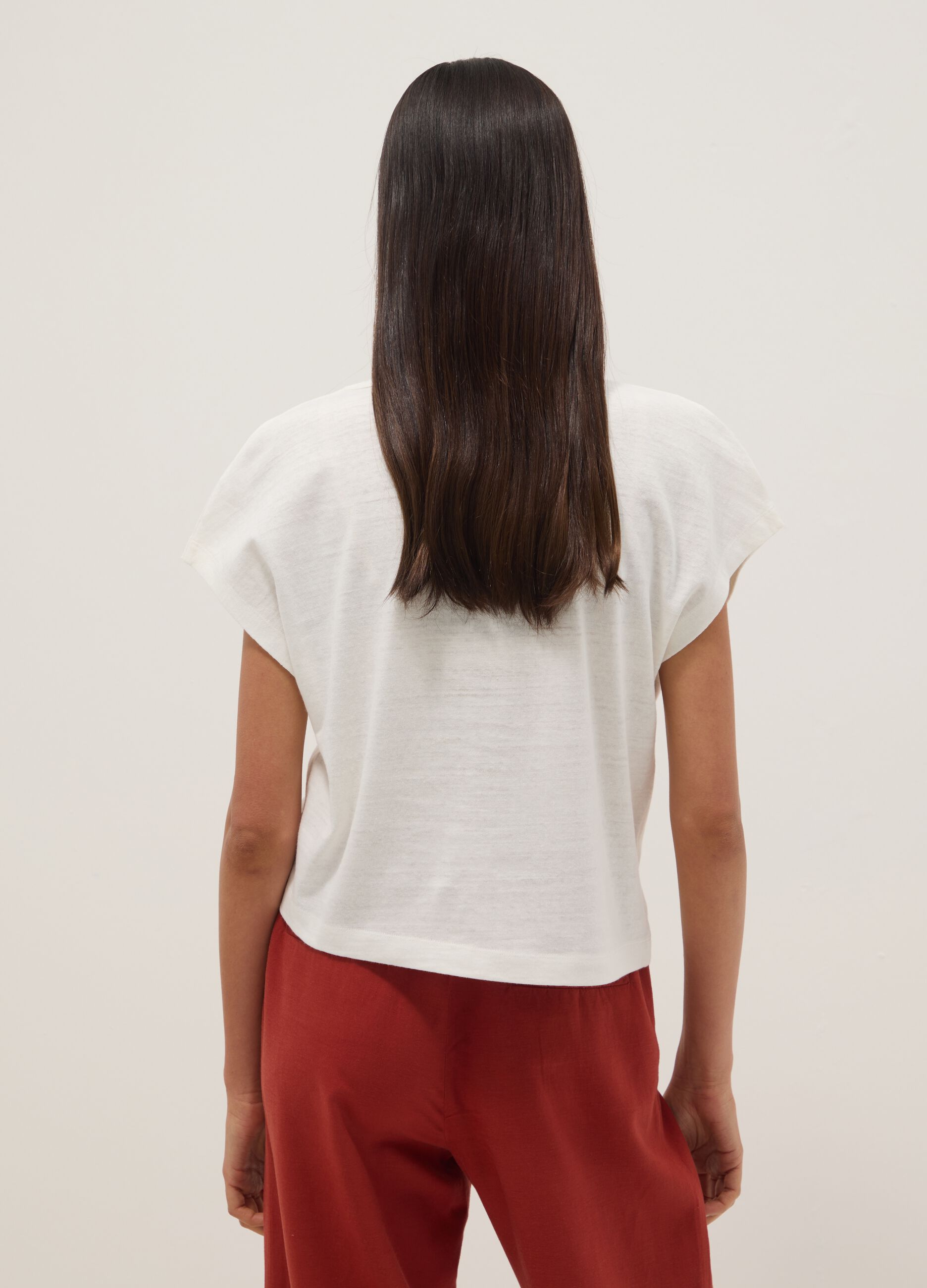 White cotton and linen blend short-sleeve T-shirt, regular fit