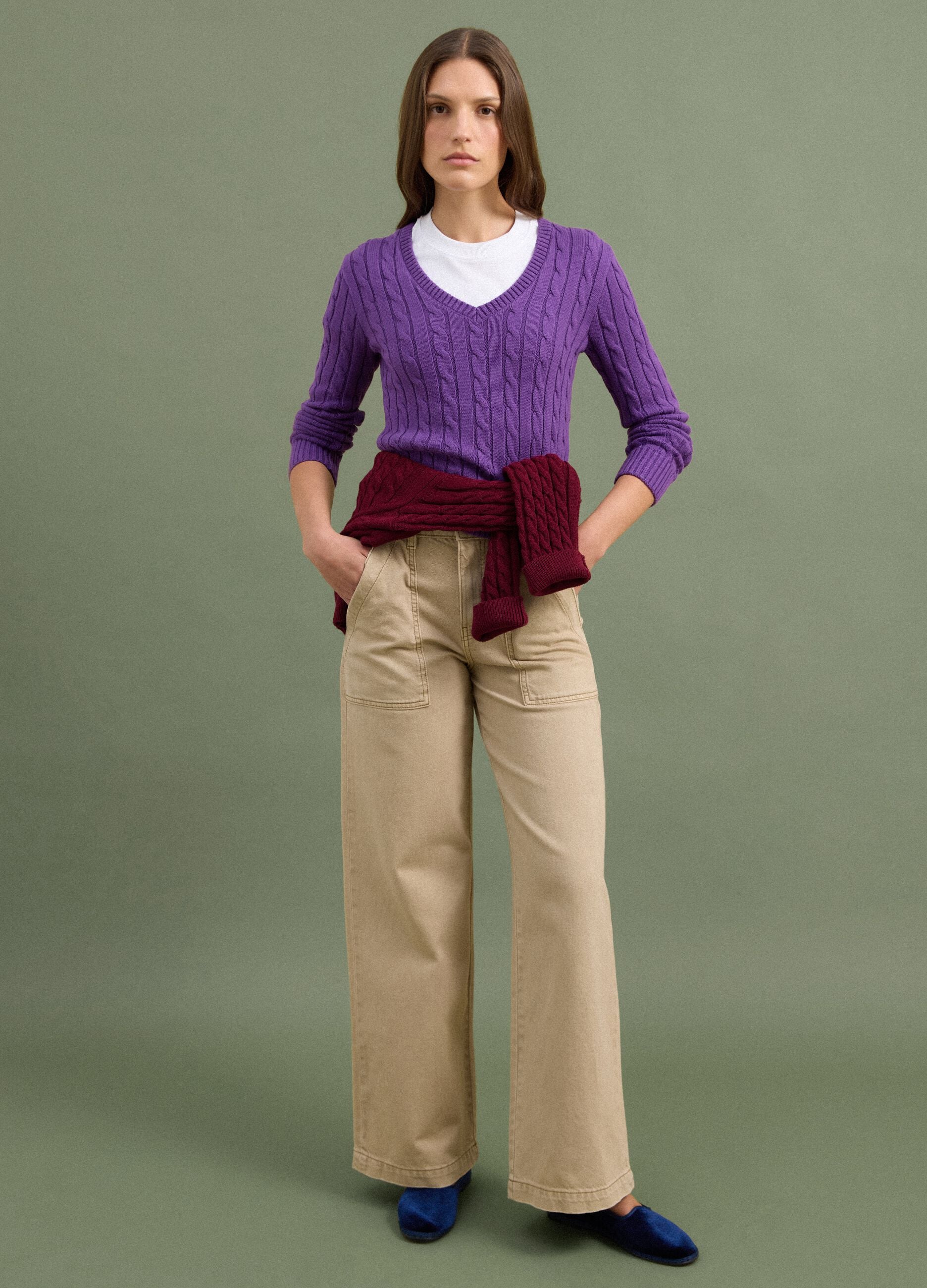Purple pure cotton cable-knit jumper with deep V-neck